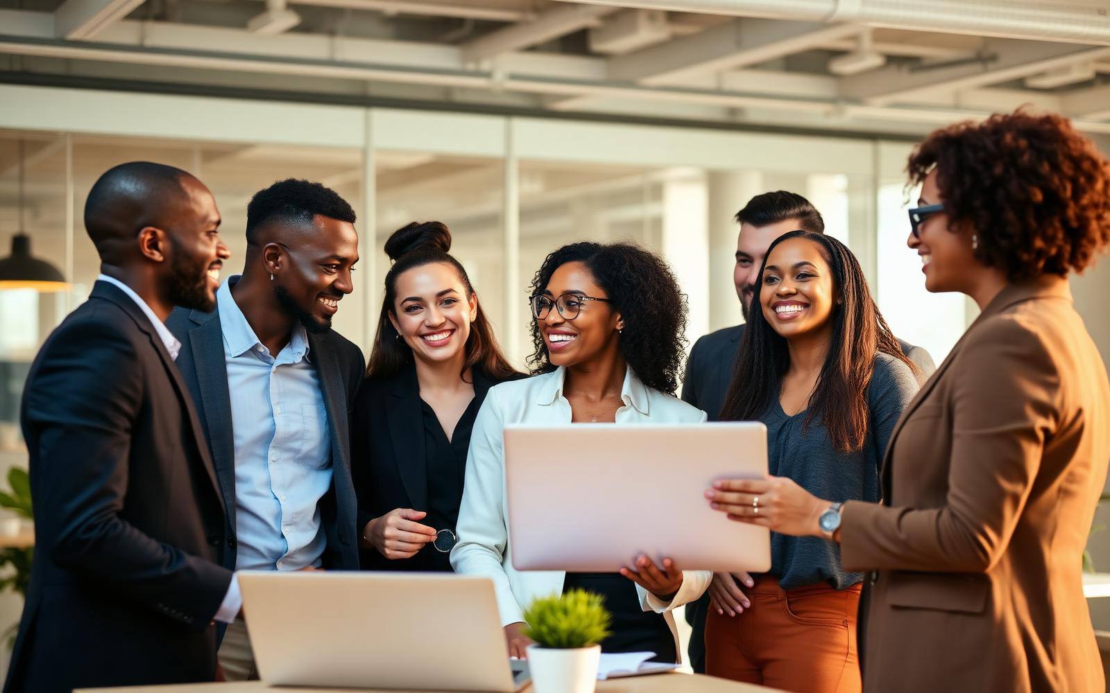 Diverse business team collaborating in a modern office